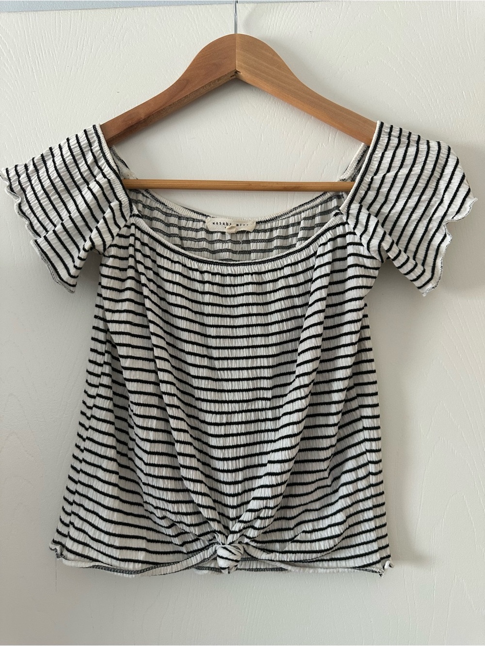 Striped Knot-Front Off-Shoulder Crop Top in Black and White